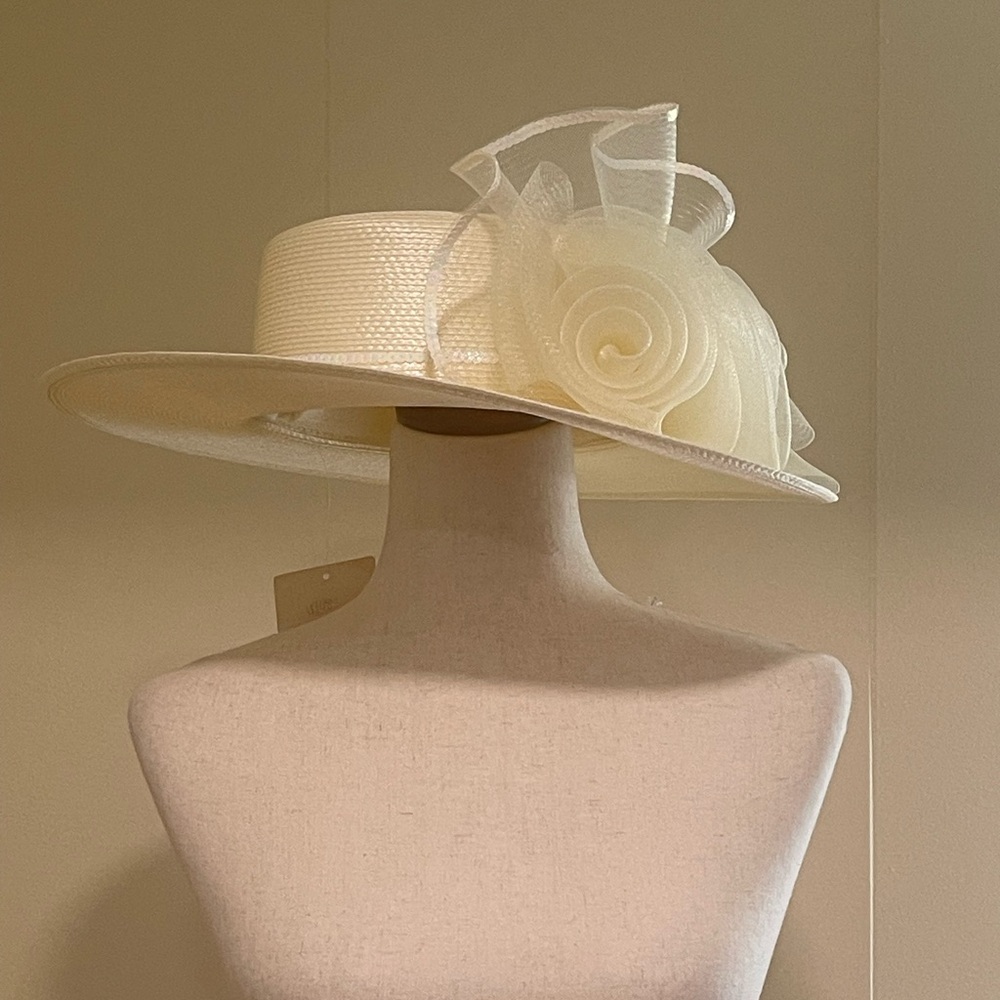 NWT Kathy Jeanne Kettle Hat With Bow Church Wedding Derby Party Ivory One Size - Picture 6 of 11